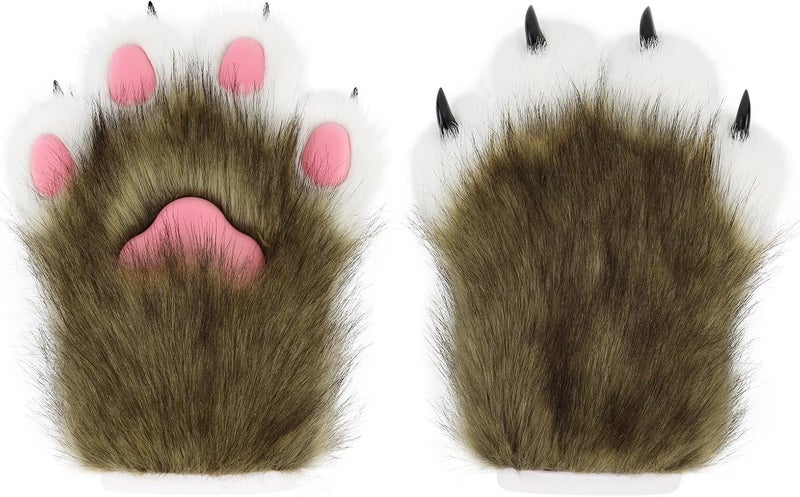 hbbhml Faux Fur Plush Furry Cat Claw Gloves Fursuit Animal Fox Paws Mittens Halloween Cosplay Costume Accessories for Adult - Image 1